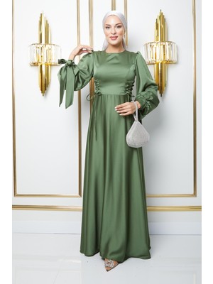 Olcay Beli Bağcık Detaylı Kol Ağzı Bağlamalı Kloş Tesettür Abiye Elbise Açık Yeşil 1673