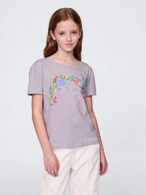 Kız Çocuk Mor Relaxed Grafik T-Shirt