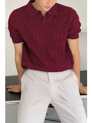 Cool Tarz Erkek Bordo Ince Saç Örgülü Slim Fit Polo Yaka Triko T-Shirt