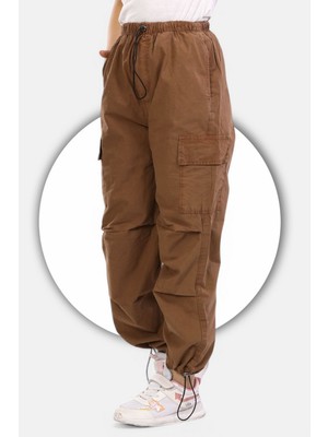 Paraşüt KUMAŞ-%100 Pamuk-Lastikli Stoperli- Kargo Cepli-Diz Katlama Detaylı-Kız Çocuk Pantolonu