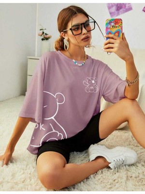 Woodroffe Ayıcık Baskılı Kadın / Kız Oversize Salas T-Shirt Boyfriend