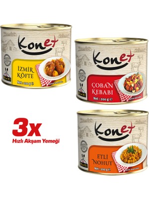 Konet 3'lü Hızlı Akşam Yemeği - Hazır Yemek 200 g İzmir Köfte Çoban Kebabı Etli Nohut