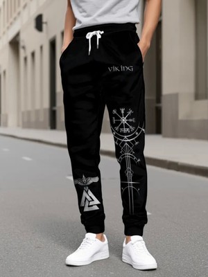 Amor Man Büyük Beden Özel Tasarım Viking Pusula Bacak Baskılı 2 Iplik Yazlık Battal Erkek Eşofman Altı
