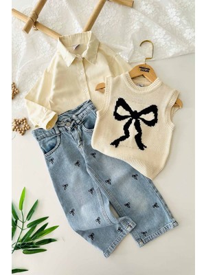 Miniğimin Cicileri Fiyonk Desenli Triko Süveterli Kız Çocuk 3 Lü Kot Pantolonlu takım - Bej