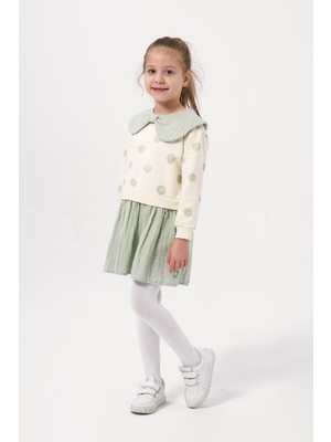 Minipodyum Kız Çocuk Puanlı Müslin Garnili Uzun Kollu Mevsimlik Elbise