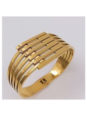 Hena Çelik Gold Kalın Kaburga Kelepçe Zirkon Taşlı 17 cm Altın Renkli Kadınlar İçin Şık Tasarım