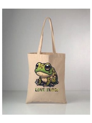 Hayvanlarımız Kurbağa Baskılı Ham Bez Omuz Çantası 35X40 cm