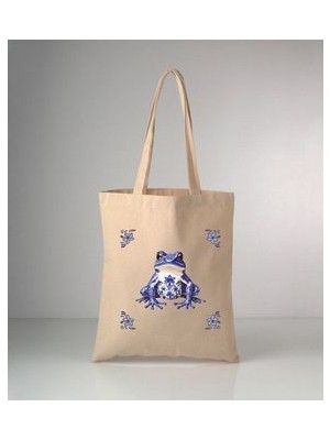 Özel Seri Delft Blue Kurbağa Baskılı Ham Bez Omuz Çantası