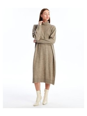 Balıkçı Yaka Düz Uzun Kollu Oversize Kadın Triko Elbise