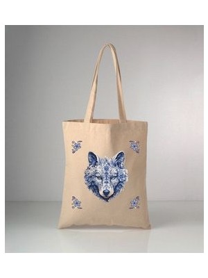 Özel Seri Delft Blue Kurt Baskılı Ham Bez Omuz Çantası