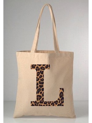 Leopar Desenli L Harfi Baskılı Ham Bez 35X40 Ekru Omuz Çantası