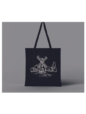 Değirmen Baskılı Ham Bez Siyah Omuz Çantası