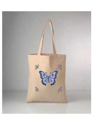 Özel Seri Delft Blue Kelebek Baskılı Ham Bez Omuz Çantası