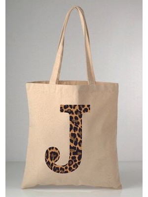 Leopar Desenli J Harfi Baskılı Ham Bez 35X40 Ekru Omuz Çantası