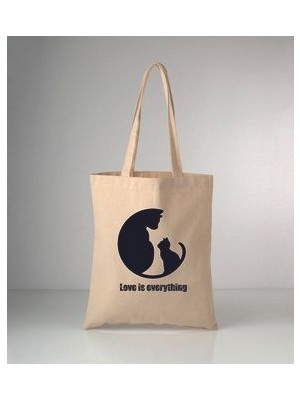 Kediler ve Sevgi Konu Baskılı Ham Bez Omuz Çantası 35X40 cm