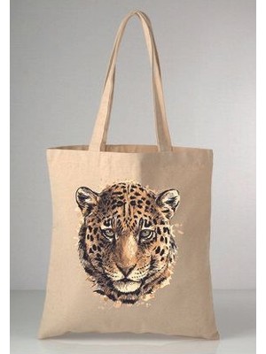 Leopar-1 Desenli Baskılı Ham Bez 35X40 Ekru Omuz Çantası
