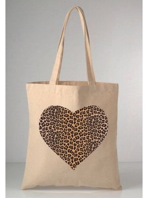 Leopar Desenli Kalp Baskılı Ham Bez 35X40 Ekru Omuz Çantası