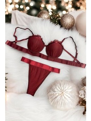 Bordo Midye Istiridye Model Saten Şeritli Dolgulu Sütyen Külot Takımı