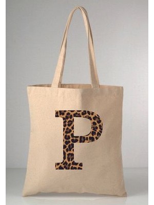 Leopar Desenli P Harfi Baskılı Ham Bez 35X40 Ekru Omuz Çantası