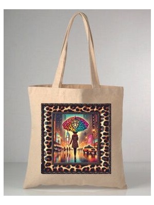 Leopar Desenli Şemsiyeli Kız Baskılı 35X40 cm Ham Bez Omuz Çantası