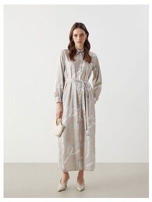 Lcw Modest Ekru Desenli Kadın Gömlek Elbise