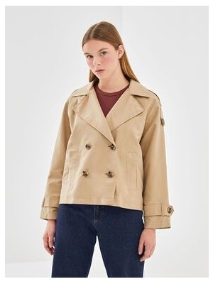 LC Waikiki LCW Vision Bej Renkli Kadın Oversize Ceket Yaka Trençkot İnce Dokuma Kumaş