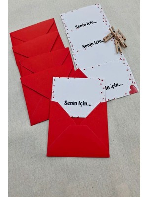 15 Adet Kırmızı Zarf ve Mandallı Senin Için Yazılı Kart- Hediye Paketleme Kartı  - Not Kartı 1.hamur