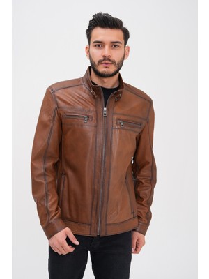 Basics&more Erkek Fermuar Detaylı Hakiki Deri Ceket - SRY27