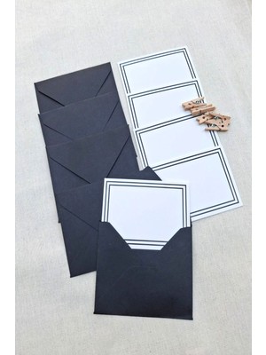 15 Adet Siyah Zarf ve Mandallı Siyah Çizgili Kart- Hediye Paketleme Kartı   - Not Kartı 1.hamur