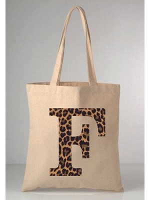Leopar Desenli F Harfi Baskılı Ham Bez 35X40 Ekru Omuz Çantası