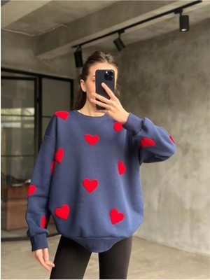 Kalp Nakışlı 3 Iplik Şardonlu Sweatshırt