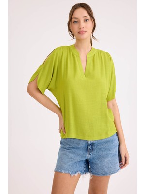 Hakim Yaka Kol Detaylı Keten Bluz