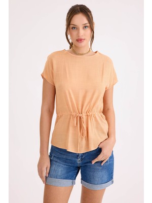 Yuvarlak Yaka Beli Büzgülü Keten Bluz