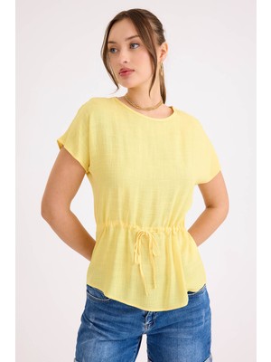 Yuvarlak Yaka Beli Büzgülü Keten Bluz