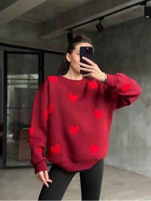 Kalp Nakışlı 3 Iplik Şardonlu Sweatshırt