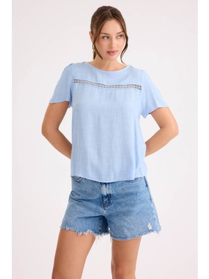 Güpürlü Kısa Kol Keten Bluz