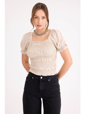 Kare Yaka Viskon Keten Crop Bluz