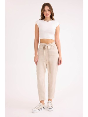 Yüksek Bel Kuşaklı Viskon Keten Pantolon