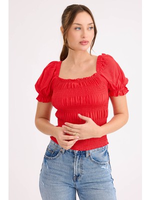 Kare Yaka Viskon Keten Crop Bluz