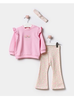 Minipodyum Kız Bebek Bandanalı Nakışlı Ispanyol Paça Taytlı 3 Parça Alt Üst Takım