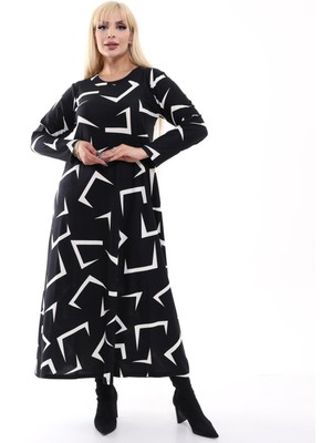 Kadın Büyük Beden Yumuşak Dokulu Siyah Geometrik Desen Elbise