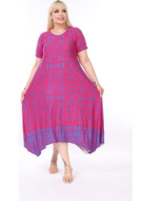 Kadın Büyük Beden Pembe Mor Etek Desenli Asimetrik Elbise