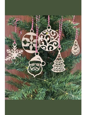 Buffer® 6 Parça Kırmızı Beyaz Ipli Noel Babalı ve Kar Tanesi Model Ahşap Yılbaşı Ağaç Süsü