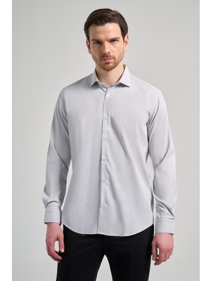 Uzun Kol Çizgili Desen Bez Ayağı Sert Yaka Cepsiz Esnek Classic Slim Fit Gömlek 1004250158