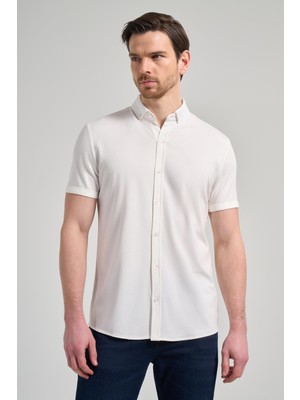 İmza Beyaz Kısa Kol Düz Örme İtalyan Yaka Düğmeli Cepsiz Pamuklu Classic Slim Fit Gömlek 1004250156_600