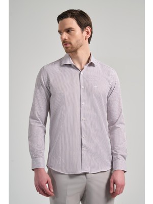 İmza Uzun Kol Çizgili Desen Bez Ayağı İtalyan Yaka Cepsiz Pamuklu Classic Slim Fit Gömlek 1004250180