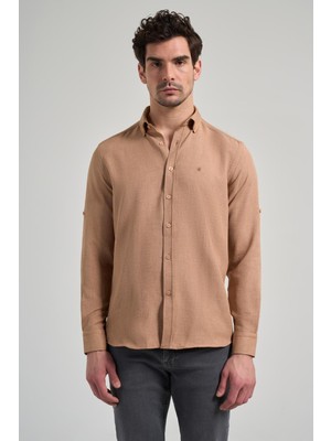 Camel Kısalabilir Kol Düz Gabardin Düğmeli Yaka Cepsiz Casual Slim Fit Gömlek 1004250124_595