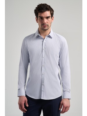 İmza Beyaz-Mavi Uzun Kol Desen Yarım İtalyan Yaka Cepsiz esnek Classic Slim Fit Gömlek 1004245218