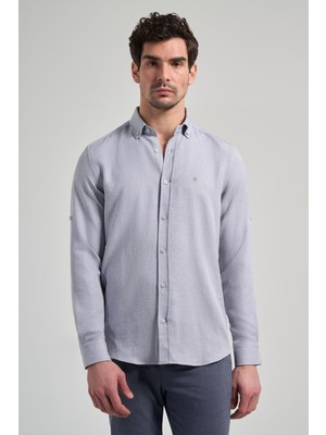 Gri Kısalabilir Kol Düz Gabardin Düğmeli Yaka Cepsiz Casual Slim Fit Gömlek 1004250124_100
