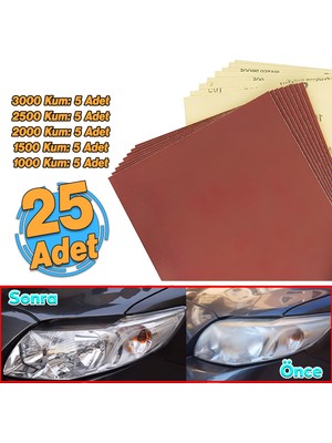 (25 Adet) Su Zımparası Kağıt Far Temizleme Parlatma İnce Kalın Kum Set 3000-2500-2000-1500-1000 Kum